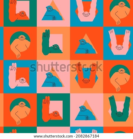 Funny characters peeping from the geometric shapes. Cute abstract creature with small head looking through holes. Cartoon style. Hand drawn trendy Vector illustration. Square seamless Pattern