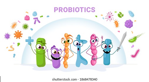 Funny characters probiotics protect against viruses and bacteria isolated cartoon emojies. Vector flat cartoon bacillus, epidemic cells, bad influenza. Bacterium microbes, microorganism infections