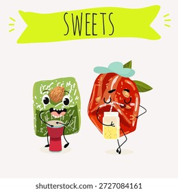 Postre de calabaza de personajes divertidos, rahat lukum. Ilustración vectorial dibujada a mano. 