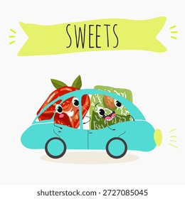 Postre de calabaza de personajes divertidos, rahat lukum. Ilustración vectorial dibujada a mano. 