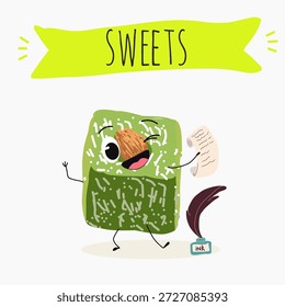 Postre de calabaza de personajes divertidos, rahat lukum. Ilustración vectorial dibujada a mano. 