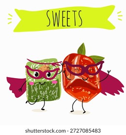 Postre de calabaza de personajes divertidos, rahat lukum. Ilustración vectorial dibujada a mano. 