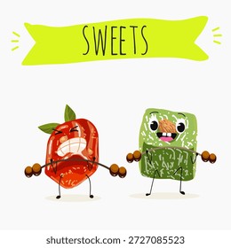 Postre de calabaza de personajes divertidos, rahat lukum. Ilustración vectorial dibujada a mano. 