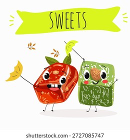 Postre de calabaza de personajes divertidos, rahat lukum. Ilustración vectorial dibujada a mano. 