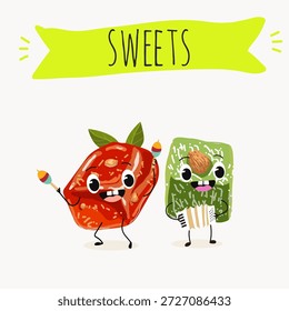 Postre de calabaza de personajes divertidos, rahat lukum. Ilustración vectorial dibujada a mano. 