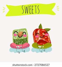 Postre de calabaza de personajes divertidos, rahat lukum. Ilustración vectorial dibujada a mano. 