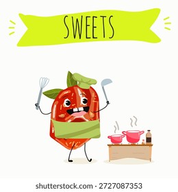 Postre de calabaza de personajes divertidos, rahat lukum. Ilustración vectorial dibujada a mano. 