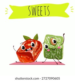Postre de calabaza de personajes divertidos, rahat lukum. Ilustración vectorial dibujada a mano. 
