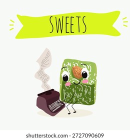 Postre de calabaza de personajes divertidos, rahat lukum. Ilustración vectorial dibujada a mano. 