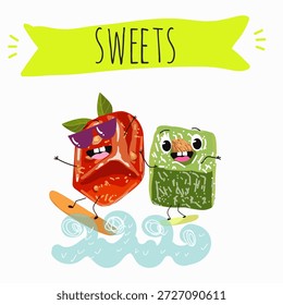 Postre de calabaza de personajes divertidos, rahat lukum. Ilustración vectorial dibujada a mano. 