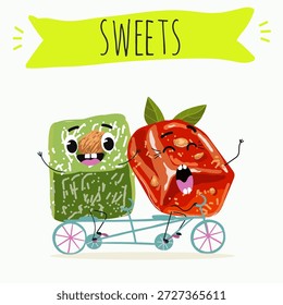 Postre de calabaza de personajes divertidos, rahat lukum. Ilustración vectorial dibujada a mano. 