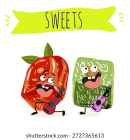Postre de calabaza de personajes divertidos, rahat lukum. Ilustración vectorial dibujada a mano. 