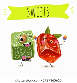 Funny Characters pumpkin dessert, rahat lukum. Hand drawn vector illustration. 