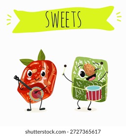 Postre de calabaza de personajes divertidos, rahat lukum. Ilustración vectorial dibujada a mano. 