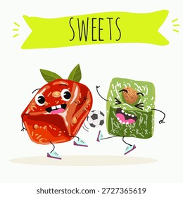 Funny Characters pumpkin dessert, rahat lukum. Hand drawn vector illustration. 