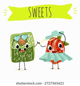 Postre de calabaza de personajes divertidos, rahat lukum. Ilustración vectorial dibujada a mano. 