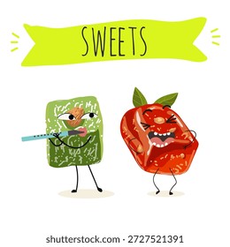 Postre de calabaza de personajes divertidos, rahat lukum. Ilustración vectorial dibujada a mano. 