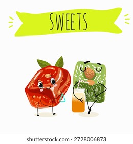 Postre de calabaza de personajes divertidos, rahat lukum. Ilustración vectorial dibujada a mano. 