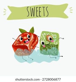Postre de calabaza de personajes divertidos, rahat lukum. Ilustración vectorial dibujada a mano. 