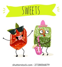 Postre de calabaza de personajes divertidos, rahat lukum. Ilustración vectorial dibujada a mano. 