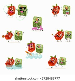 Postre de calabaza de personajes divertidos, rahat lukum. Ilustración vectorial dibujada a mano. 