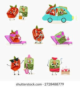 Postre de calabaza de personajes divertidos, rahat lukum. Ilustración vectorial dibujada a mano. 