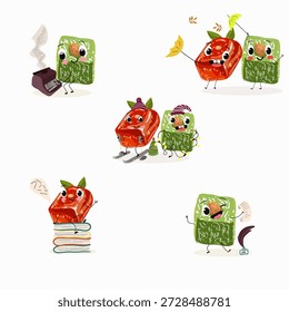 Postre de calabaza de personajes divertidos, rahat lukum. Ilustración vectorial dibujada a mano. 