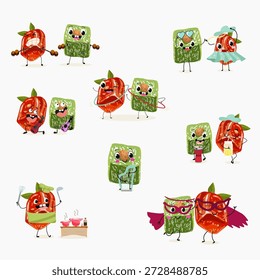 Postre de calabaza de personajes divertidos, rahat lukum. Ilustración vectorial dibujada a mano. 