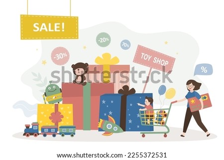 Funny characters is pushing shopping cart in toy shop. Flash sale, discounts. Cute son and mother bought lot of various cheap toys. Family in supermarket. Gift boxes, toys, gifts and presents. vector