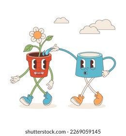 Funny characters in retro groove style, a watering can and a homemade flower in a pot. Illustration encouraging the planting of a flower on earth day