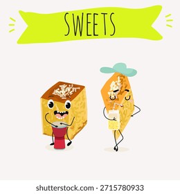 Los personajes divertidos se recuperan. Turco, dulces orientales, postre. Ilustración vectorial dibujada a mano. 