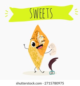Los personajes divertidos se recuperan. Turco, dulces orientales, postre. Ilustración vectorial dibujada a mano. 