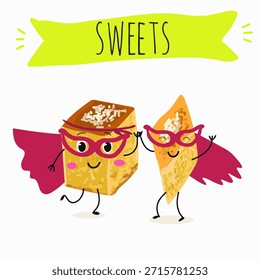 Los personajes divertidos se recuperan. Turco, dulces orientales, postre. Ilustración vectorial dibujada a mano. 