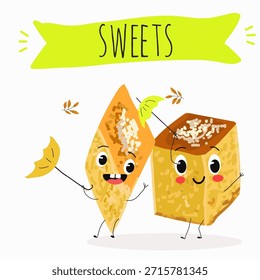 Los personajes divertidos se recuperan. Turco, dulces orientales, postre. Ilustración vectorial dibujada a mano. 