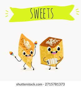 Los personajes divertidos se recuperan. Turco, dulces orientales, postre. Ilustración vectorial dibujada a mano. 