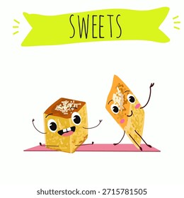 Los personajes divertidos se recuperan. Turco, dulces orientales, postre. Ilustración vectorial dibujada a mano. 