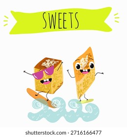 Los personajes divertidos se recuperan. Turco, dulces orientales, postre. Ilustración vectorial dibujada a mano. 