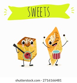 Los personajes divertidos se recuperan. Turco, dulces orientales, postre. Ilustración vectorial dibujada a mano. 