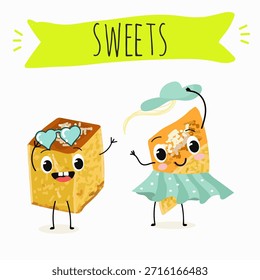 Los personajes divertidos se recuperan. Turco, dulces orientales, postre. Ilustración vectorial dibujada a mano. 