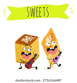 Los personajes divertidos se recuperan. Turco, dulces orientales, postre. Ilustración vectorial dibujada a mano. 