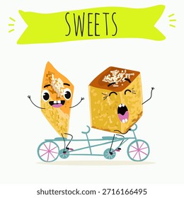 Los personajes divertidos se recuperan. Turco, dulces orientales, postre. Ilustración vectorial dibujada a mano. 
