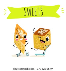 Funny Characters revani. Turkish,  Eastern sweets, dessert. Hand drawn vector illustration. 