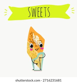 Los personajes divertidos se recuperan. Turco, dulces orientales, postre. Ilustración vectorial dibujada a mano. 