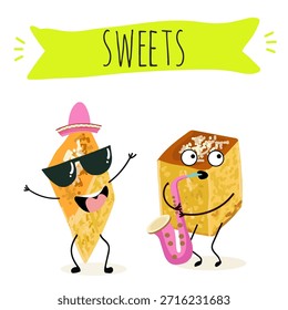 Los personajes divertidos se recuperan. Turco, dulces orientales, postre. Ilustración vectorial dibujada a mano. 