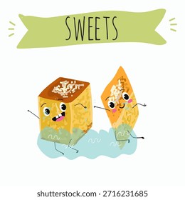 Los personajes divertidos se recuperan. Turco, dulces orientales, postre. Ilustración vectorial dibujada a mano. 