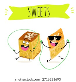 Los personajes divertidos se recuperan. Turco, dulces orientales, postre. Ilustración vectorial dibujada a mano. 