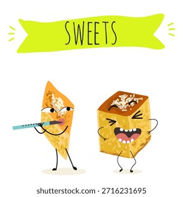 Funny Characters revani. Turkish,  Eastern sweets, dessert. Hand drawn vector illustration. 