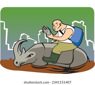 Funny Characters - Riding rhino. Vibrant gathering of diverse individuals celebrating, communicating, and enjoying life together.
