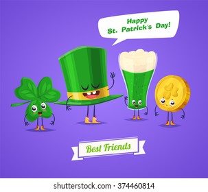 Funny characters of Saint Patricks Day hat glass beer money. Best friends set. Vector illustration. Funny alcohol. Vector cartoon illustration. Cute stylish characters.