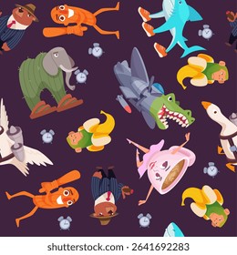 Funny characters. seamless pattern with brain rot italian cute characters crocodile goose ballerina cappuccina